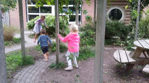 Kinderen spelen op een groen schoolplein